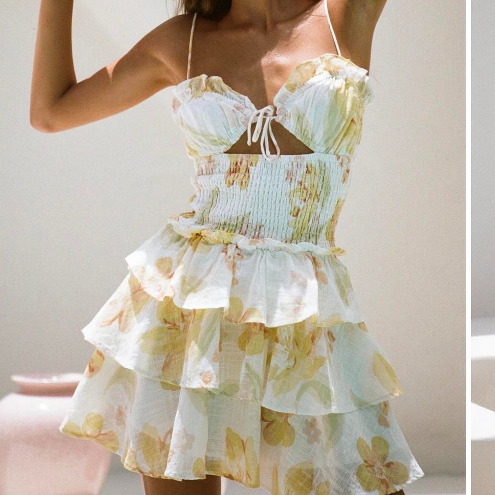 Sabo Skirt Cara Mini Dress Sz S White Floral Tiered Smocked Cotton Boho Girly